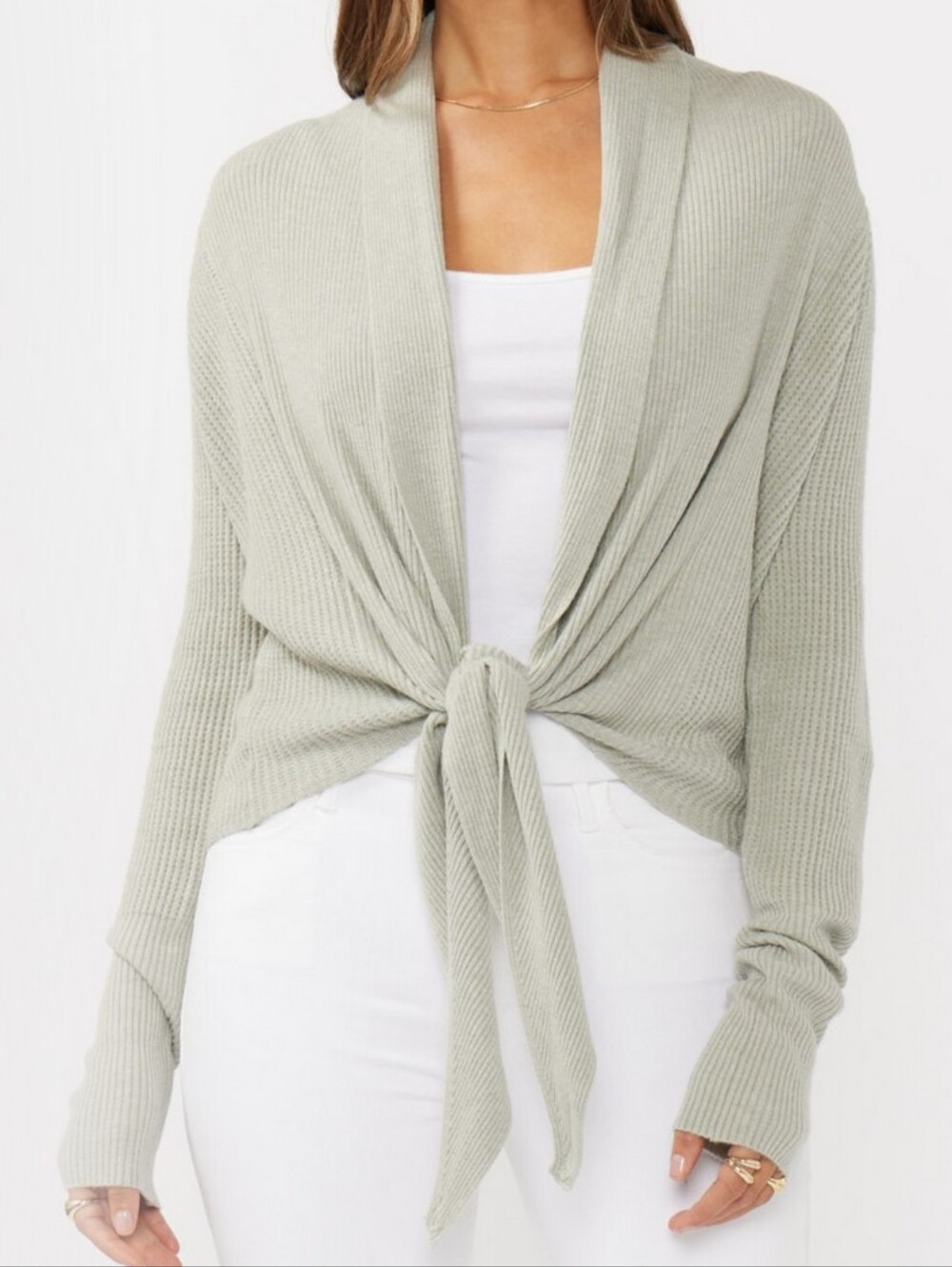 Lovestitch Gray Ribbed Tie-Front Cardiganlicwatitch